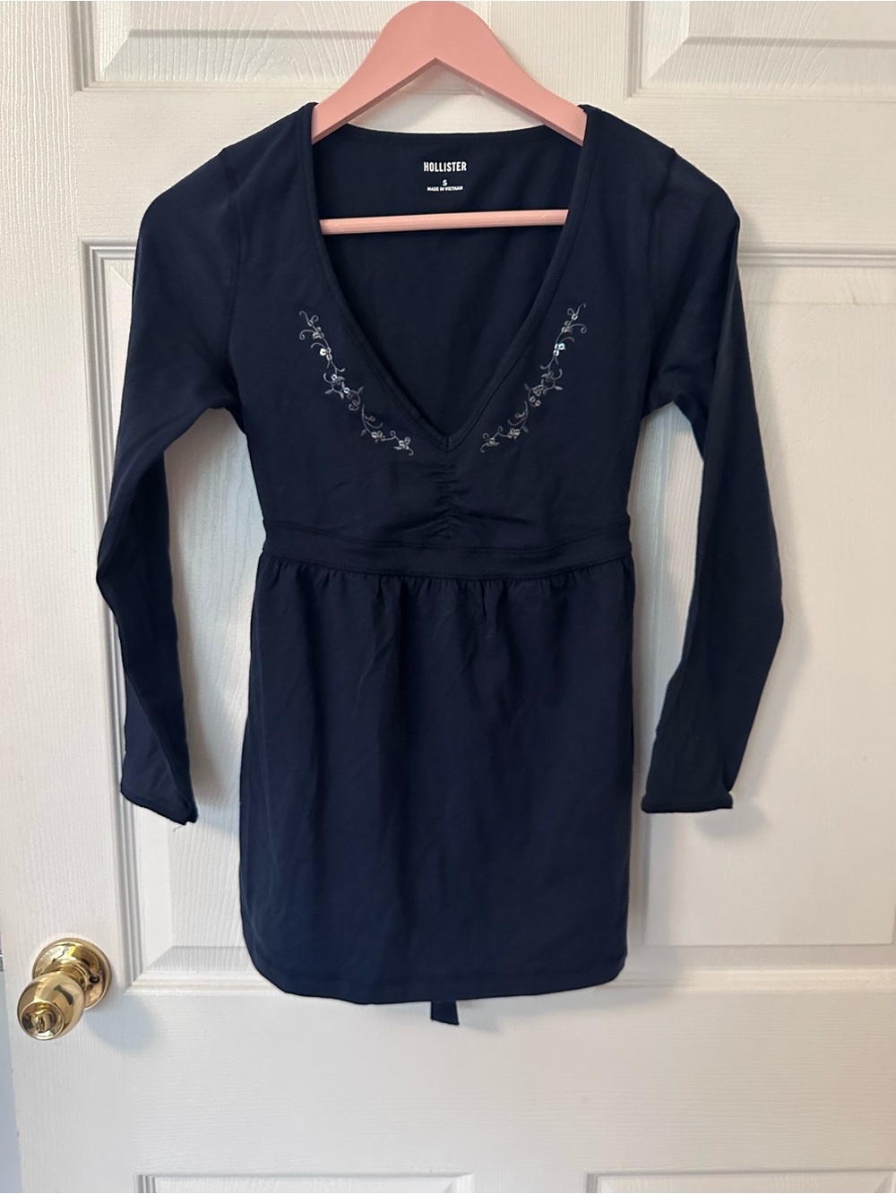 Hollister Navy Long Sleeve V-Neck Tunic Dress with Embroidery